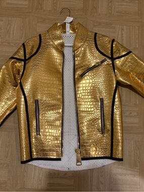 Marlon Gobel Gold Croc-Embossed Moto Jacket - Men’s Metallic Jacket - small